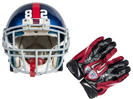 Historic 2012 Mario Manningham Game Used and Signed/Inscribed Helmet and Gloves from Superbowl XLVI on 02/05/2012 (Manningham LOA & PSA/DNA) -THE CATCH-